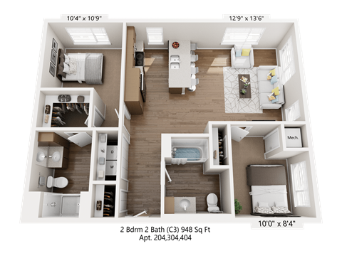 Floor plan for 2 beds, 2 baths, 948 sqft